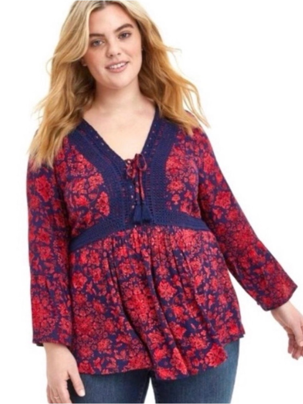 torrid Navy and Red Floral Crochet-Trim Peasant Top